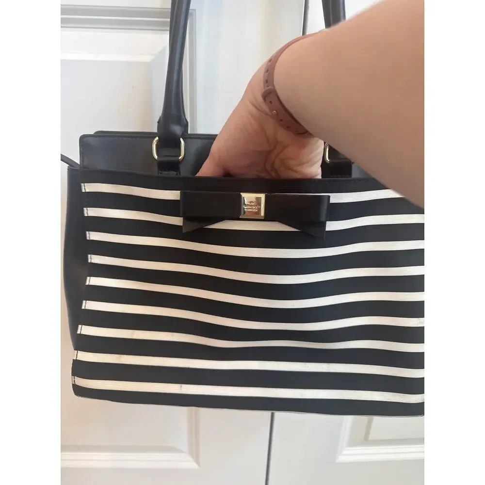 Kate Spade Black Leather with Black and White Striped Shoulder Tote Bag